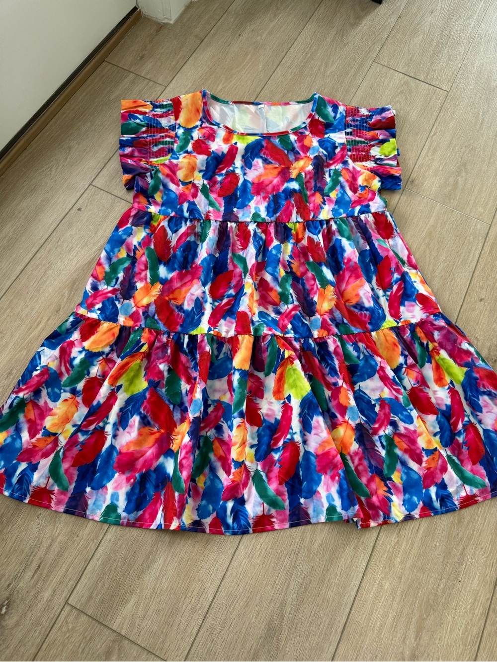 Multicolor Feather-Print Tiered Dress